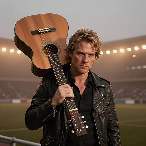 Man with Guitar in Foggy Stadium