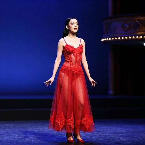 Burlesque Performer in Sheer Red Dress on Vintage Stage