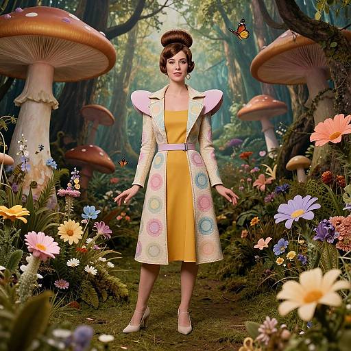 Digital art of a woman in a yellow dress with floral-patterned coat, standing in a whimsical forest with giant mushrooms, colorful flowers, and a