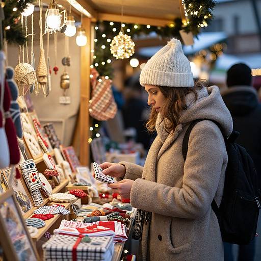 Photograph of a young woman in a white knit hat and beige coat, browsing festive Christmas market stalls with twinkling lights.