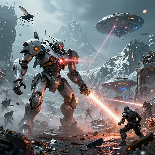 Epic sci-fi battle scene: massive white mecha with glowing red eyes and laser gun clashes with humanoid soldiers amidst flying saucers, snow-covered