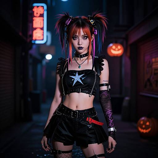 Photograph of a gothic punk woman with orange-black hair, star tattooed top, black shorts, neon-lit alley, glowing jack-o'-