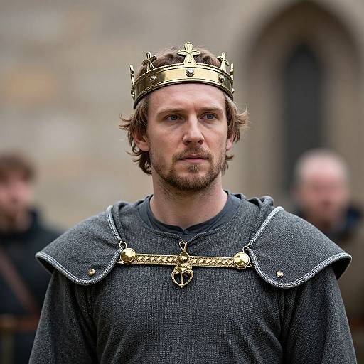 Photograph of a bearded man with brown hair, wearing a gold crown and dark medieval-style tunic with ornate shoulder straps, standing outdoors with