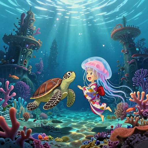 Colorful underwater scene: Anime-style girl with jellyfish hair and red kimono joyfully swims beside a sea turtle, surrounded by vibrant coral reefs and