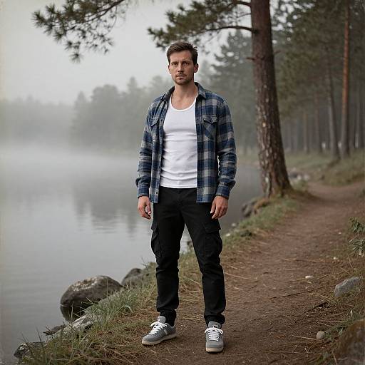 Photograph of a handsome, bearded man in plaid shirt, white tee, black pants, and white sneakers standing on a misty forest path