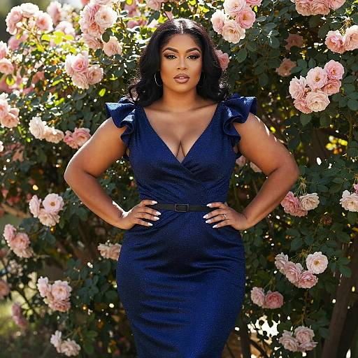 Photograph of a curvy, dark-skinned woman with long black hair, wearing a deep blue, ruffled dress, standing confidently among pink roses
