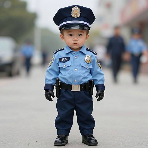Photograph of a realistic baby doll dressed as a young police officer in a blue uniform, black hat, and gloves, standing on a blurred street with