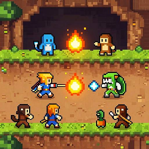 Pixel art of five pixelated characters fighting with fireballs in a Minecraft-like cave, featuring grassy ground, brown dirt, and a dark entrance.
