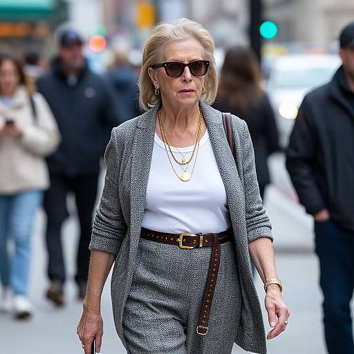 Photograph of an elderly woman with gray hair, wearing dark sunglasses, a gray textured blazer, white shirt, and gray pants, walking confidently on
