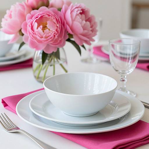 Photograph of a neatly set white dinner table with pink peonies in a vase, white bowl and plate, clear wine glass, pink napkin