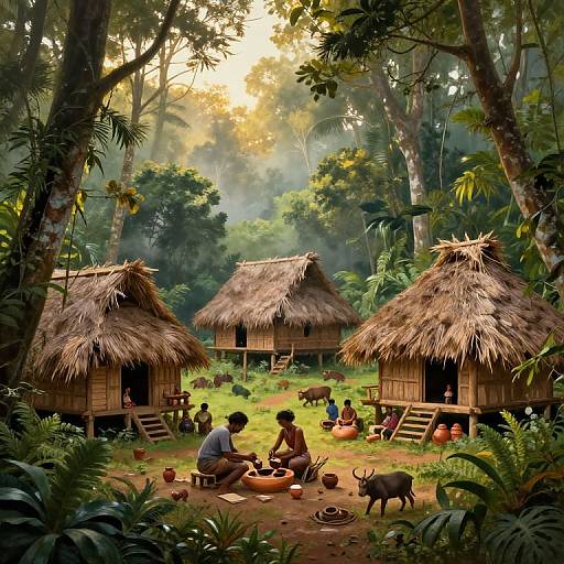 Photograph of a sunlit, dense jungle village with three thatched huts; villagers sit around a fire, surrounded by lush greenery and small