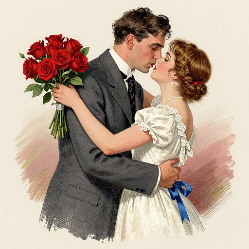 Digital illustration of a bride and groom kissing, the groom in a dark suit holding a bouquet of red roses, the bride in a white dress with blue