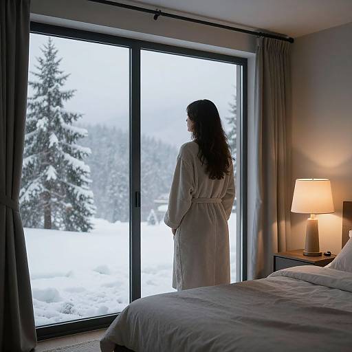 Photograph of a woman in a white robe standing by a snowy forest view window in a warmly lit bedroom.
