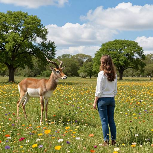 Photograph: Woman in white blouse and blue jeans stands in sunlit field with colorful wildflowers, facing a gazelle with curved horns. Blue sky
