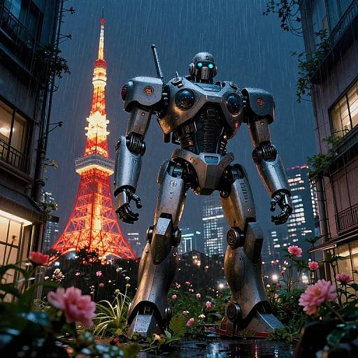 Photorealistic CGI: Tall, silver robot stands in rainy city alley with blooming flowers, illuminated Tokyo Tower in the background. Nighttime, urban