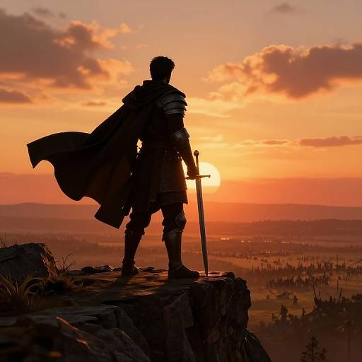 Silhouetted knight with sword, cape, and armor stands on cliff at sunset, orange sky, clouds, and distant forest below. Digital art