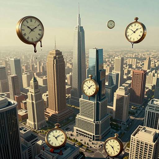 Digital art of a cityscape with multiple floating vintage clocks, showing various times, above tall skyscrapers under a clear sky.