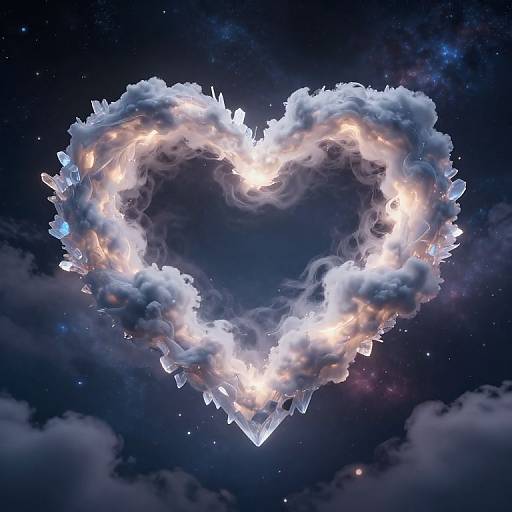 Digital artwork of a glowing, heart-shaped cloud with radiant edges against a starry, night sky background, featuring cosmic textures and colors.