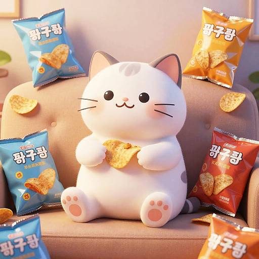 Photograph of a cute, white plush cat with black ears and paws, sitting on a beige couch, eating potato chips from colorful snack bags (