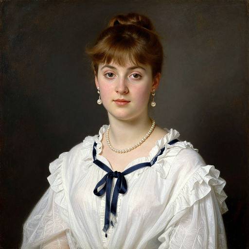 Photorealistic painting of a young Caucasian woman with brown hair, wearing a white lace dress with black ribbon, pearl necklace, and earrings, against a