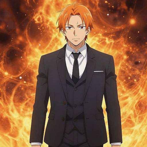Anime-style digital illustration of a serious, red-haired man in a black suit, white shirt, and black tie, standing against a fiery orange and yellow