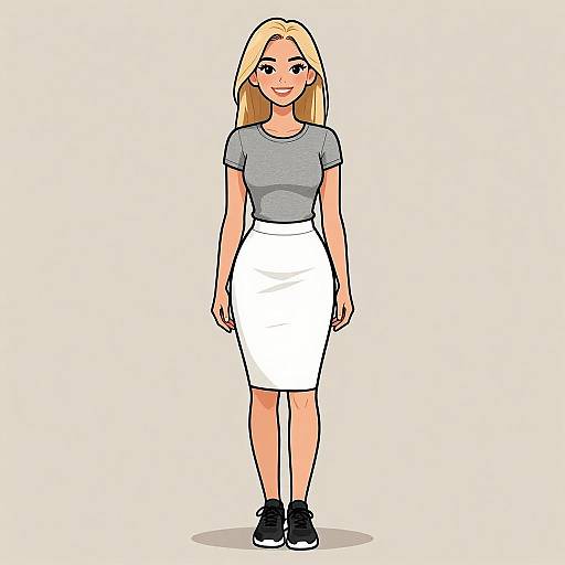 Digital illustration of a blonde woman with fair skin, wearing a gray t-shirt, white pencil skirt, and black sneakers, standing against a plain white background