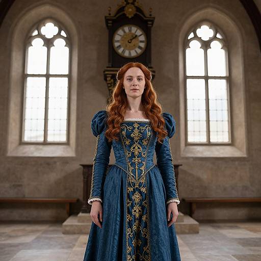 Photograph of a red-haired woman in a blue, ornately embroidered medieval dress, standing in a stone-walled room with large arched windows and