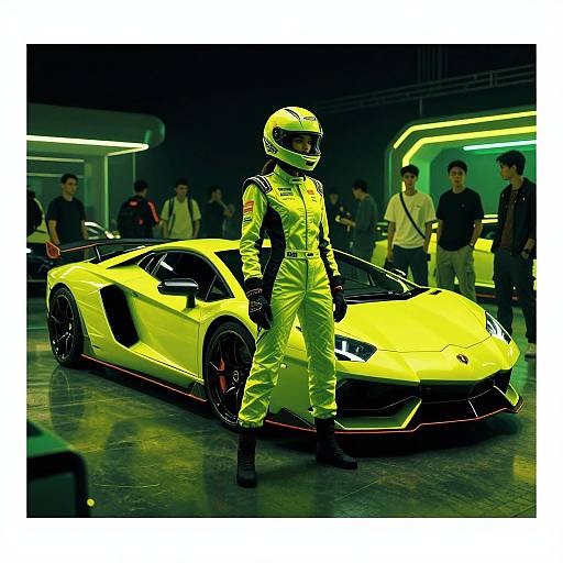 Photograph of a neon-yellow race car with a standing race driver in matching suit, surrounded by people in a brightly lit indoor garage.