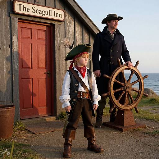 Photograph of a young boy in pirate attire with a tricorn hat and a man in a black coat holding a ship's wheel, standing in front