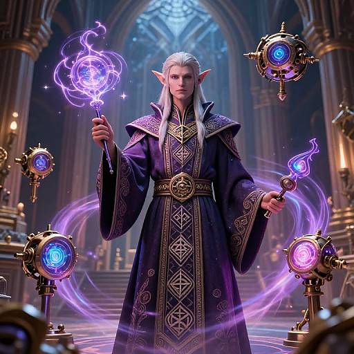 Digital fantasy artwork: Elven mage with long silver hair, purple robes, pointed ears, holding glowing purple and blue magical orbs in a grand, dim