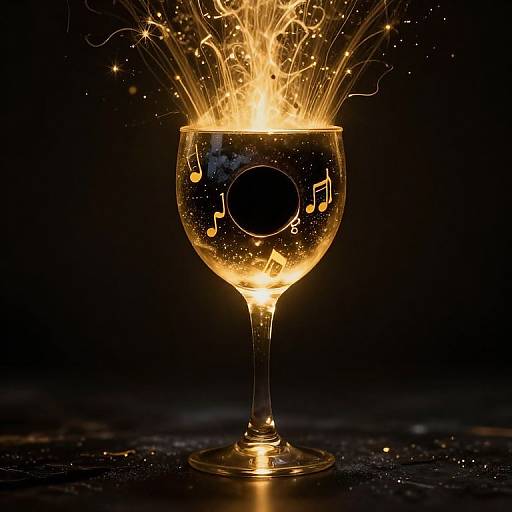 Photograph of a golden wine glass exploding with bright yellow sparks, musical notes and a black circle, set against a dark background.