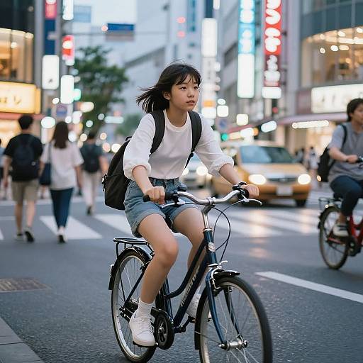 Photograph of an Asian teenage girl with black hair, wearing a white shirt, blue denim shorts, white sneakers, and a black backpack, riding a