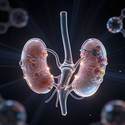 Digital CGI of a futuristic, transparent chandelier with glowing, orb-like elements and vibrant light trails against a dark, starry background.