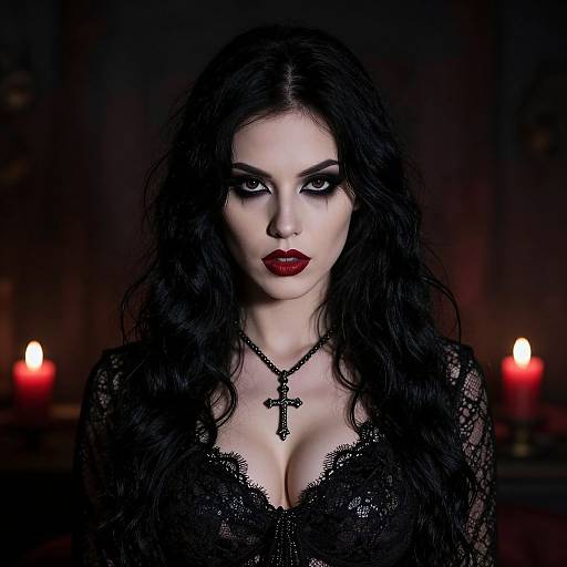 Photograph of a pale-skinned woman with long black hair, intense black eyes, red lipstick, wearing a lace black top and cross necklace, set