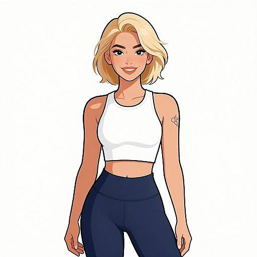 Digital illustration of a blonde woman with short hair, wearing a white crop top and navy pants, smiling confidently against a white background.