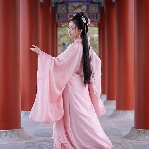 Elegant Woman in Flowing Pink Hanfu