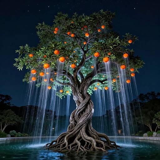 Otherworldly Tree in Starlit Pool