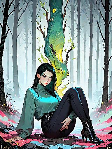 Dark Fantasy Woman in Misty Forest