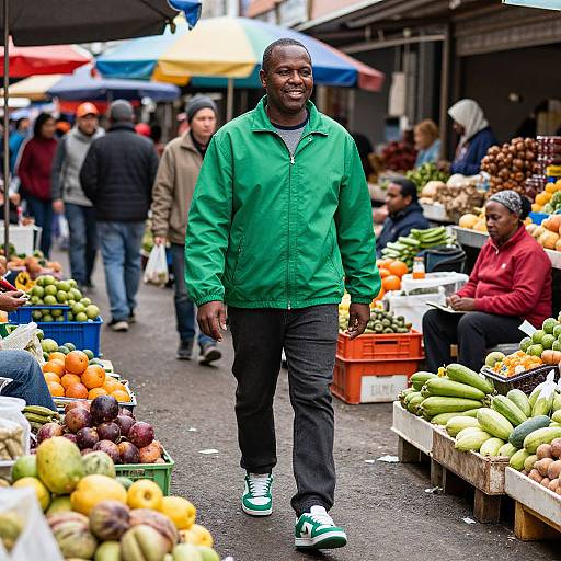 Photograph of a smiling Black man in a green jacket and black pants, walking through a vibrant outdoor market with colorful produce and diverse shoppers under umbrellas