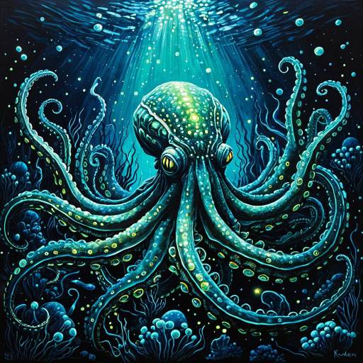 Bioluminescent Kraken in Serene Depths Bioluminescent Kraken in Serene Depths