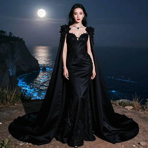 Elegant Woman in Onyx Silk Cape-Gown on Moonlit Cliffside