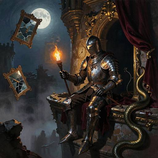 Knight in shiny armor with torch, sitting on ornate throne, moonlit night, shattered picture frames floating, dark medieval castle background.