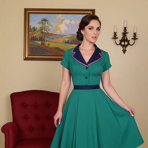 Photograph of a fair-skinned woman with dark brown hair in a vintage green dress with pink trim, standing in a room with a red armchair