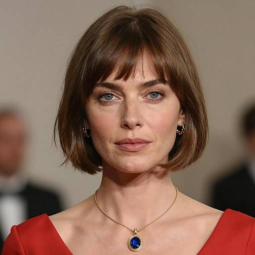 Elegant Woman in Red Dress with Blue Gemstone Necklace