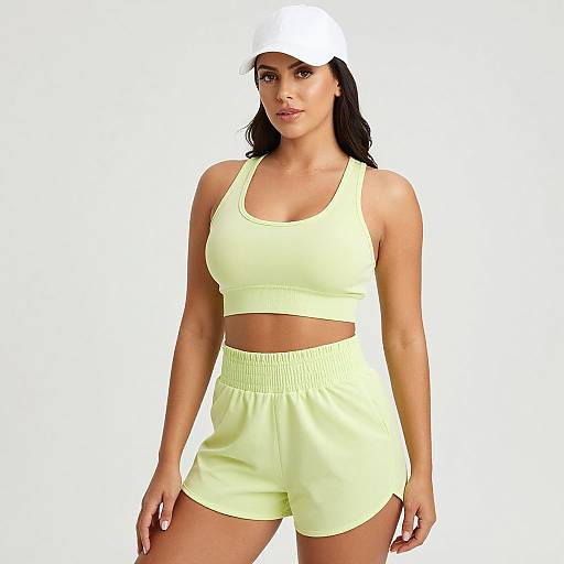 Photograph of a young woman with light brown skin, wearing a white cap, yellow sports bra, and matching high-waisted shorts, standing against