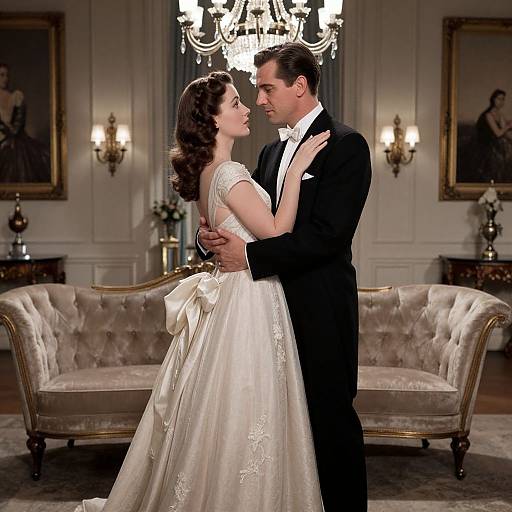 Photograph of a romantic wedding dance: Elegant bride in white gown, dark-haired man in black tux, holding hands, under ornate chandelier