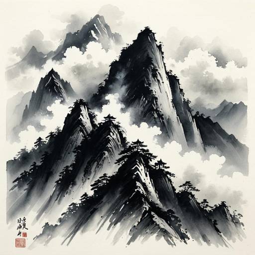 Chinese Brush Painting of Misty Mountain Peaks