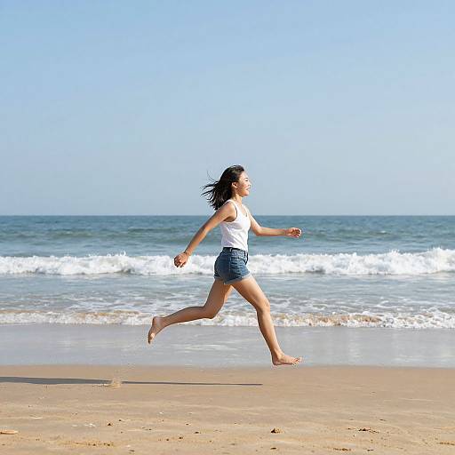 Photograph of a young woman with dark hair, wearing a white tank top and denim shorts, running barefoot on a sunny beach with waves in the