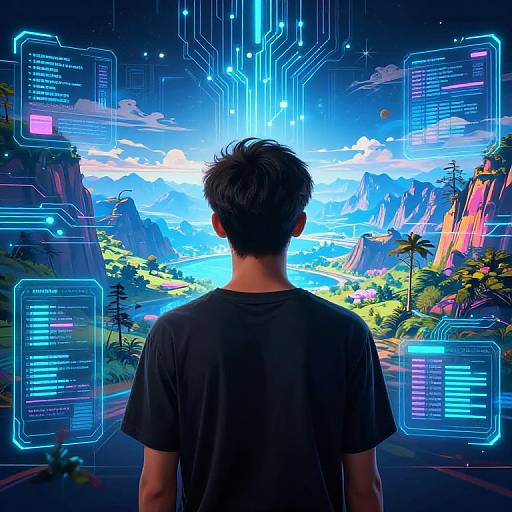 Digital art: Man in black shirt, back view, stands before futuristic, neon-lit landscape with glowing interface windows, vibrant mountains, and lush green