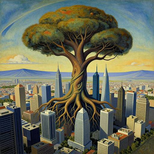 A surreal painting of a giant, twisted tree with sprawling roots emerging from a modern city skyline, featuring skyscrapers and a rainbow in the blue sky